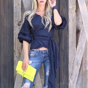 Navy Puff Sleeve Wrap Top